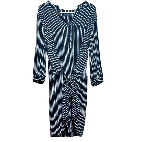 GAP Dresses & Skirts - GAP M Navy White Vertical Stripe Wrap Dress Midi Long Sleeve V-Neck Tie Waist